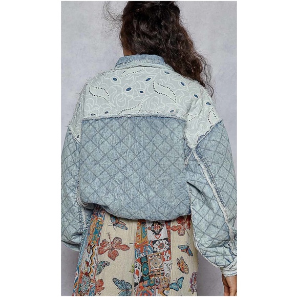 POL Acid Wash Denim Zip up Lace Quilted Jacket - Picture 4 of 6